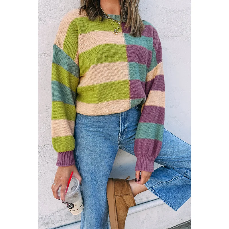 

New Ribbed Knitted Top for Women in Autumn 2025, European and American Casual Versatile Pullover Round Neck Sweater for Women
