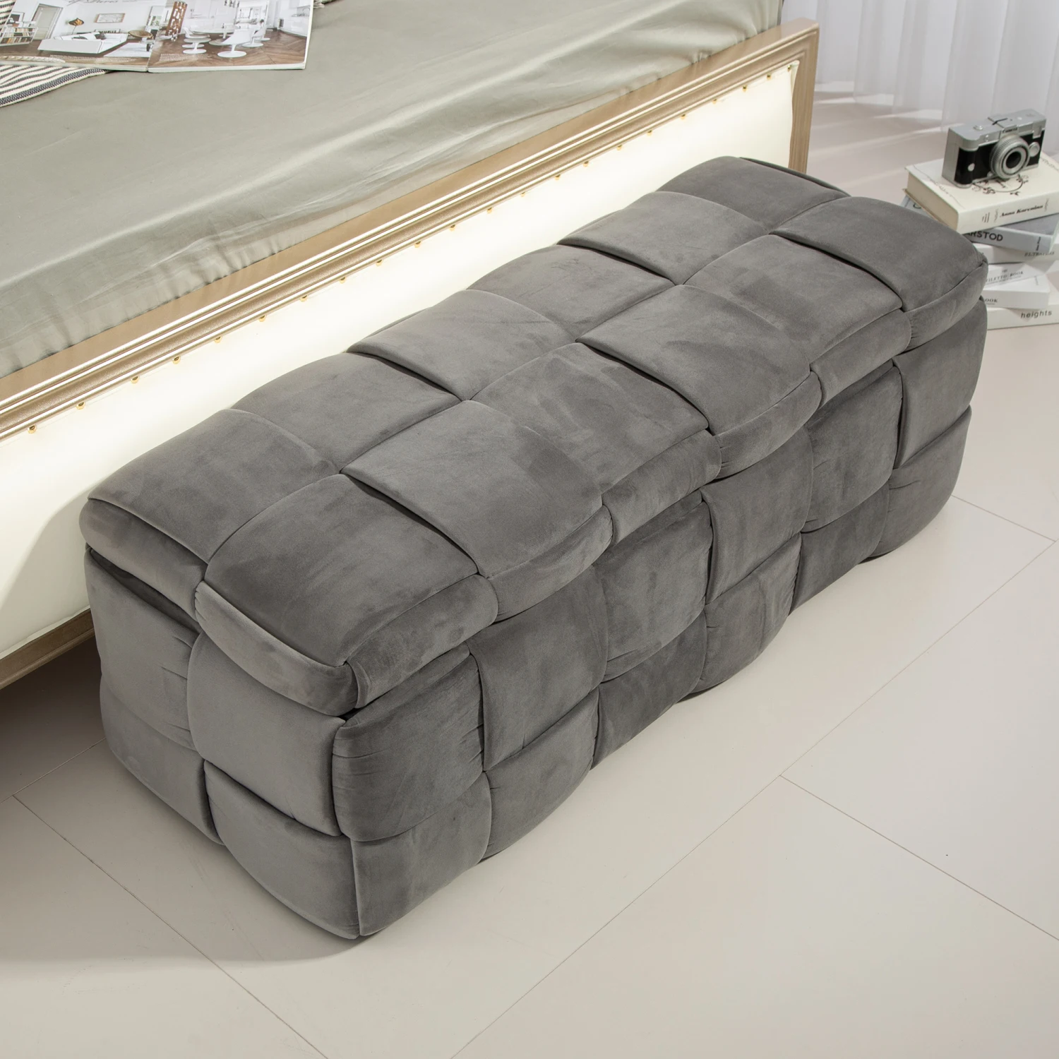 COOLMORE Gray Fabric Storage Ottoman Bench - Bedroom & Living Room End Bench with Safety Hinge & Padded Footstool