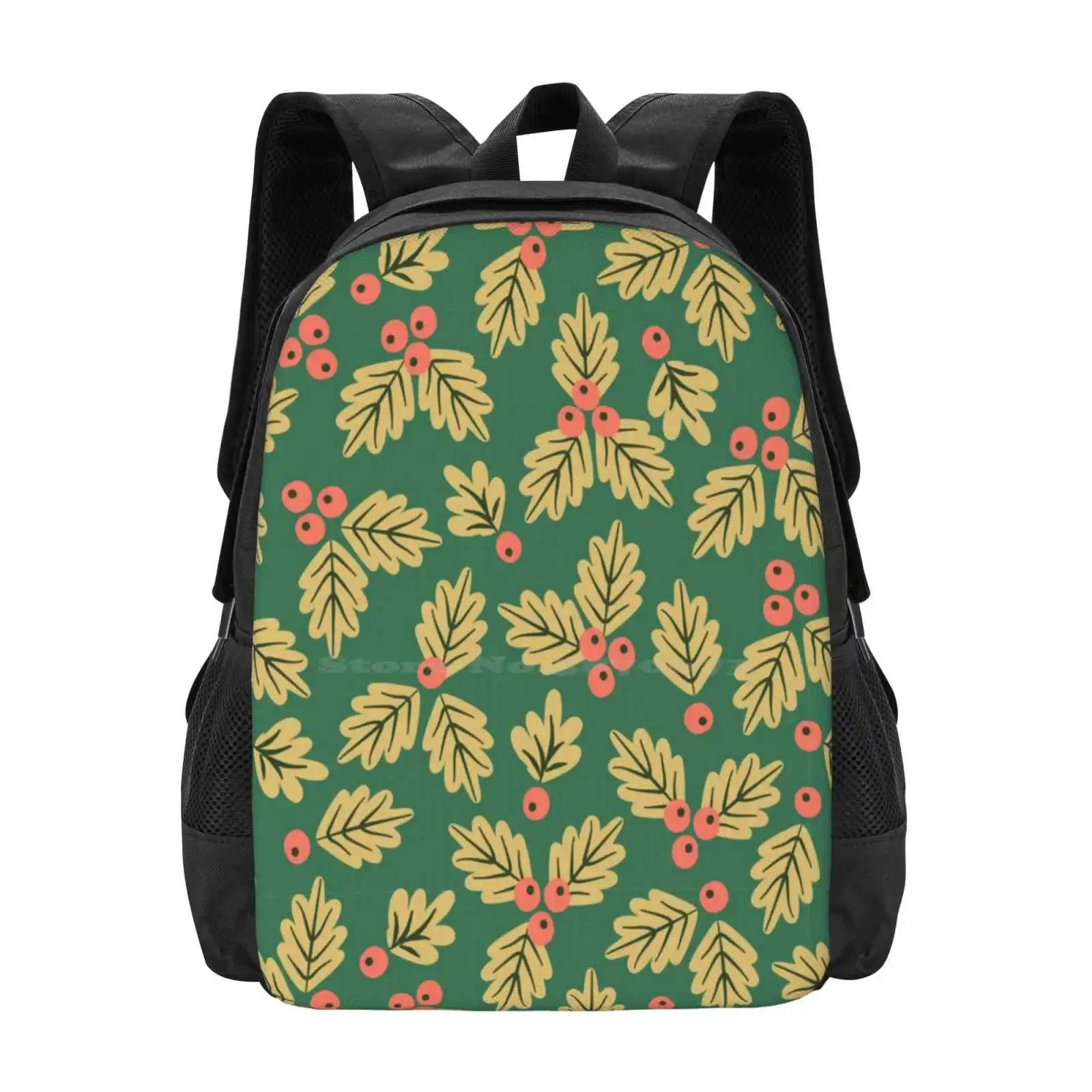 Christmas Holly Berries Hot Sale Schoolbag Backpack Fashion Bags December Holly Berries Holly Berry Foliage Red Green Christmas