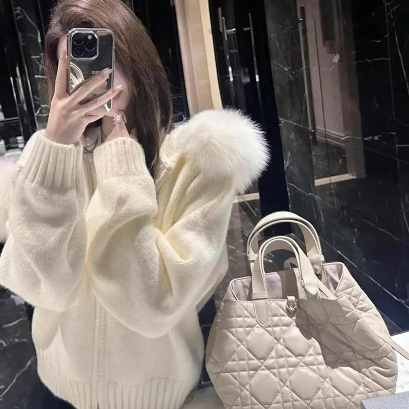 

Fashion Solid Color Sweater Jacket Women's Winter High-end Zipper Hooded Top Short Knitted Cardigan Female Clothing