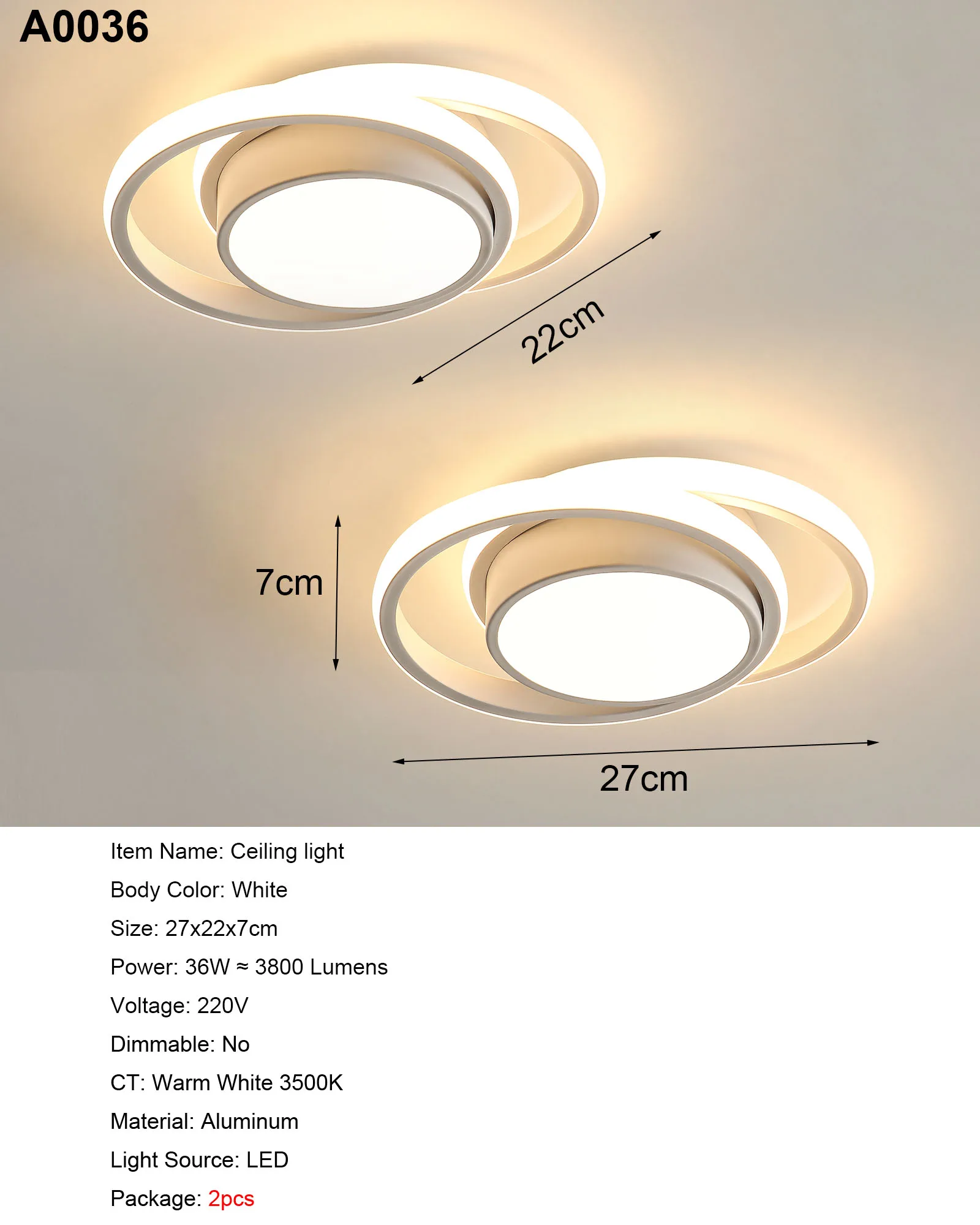 2er-Pack moderne LED-Deckenleuchten, 36 W, warmweiß, 3000 K, weiße runde LED-Deckenbeleuchtung für Schlafzimmer, Flur, Balkon, Korridor – Detail 1