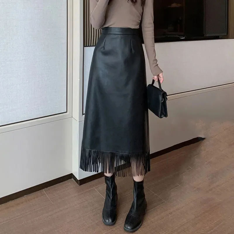 

2024 NEW Spring Autumn Women Faux PU Leather Skirts Fashon Temperament Elastic High Waist Black Soft Package Hip Leather Skirts