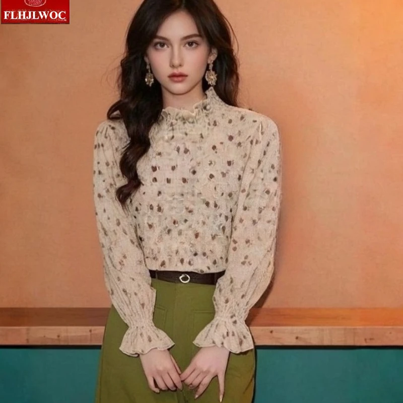Turtleneck Tops Blouses New Year Date Girls Winter Spring Basics Shirts Cute Japan Style Flower Print Retro Vintage Top Blusas