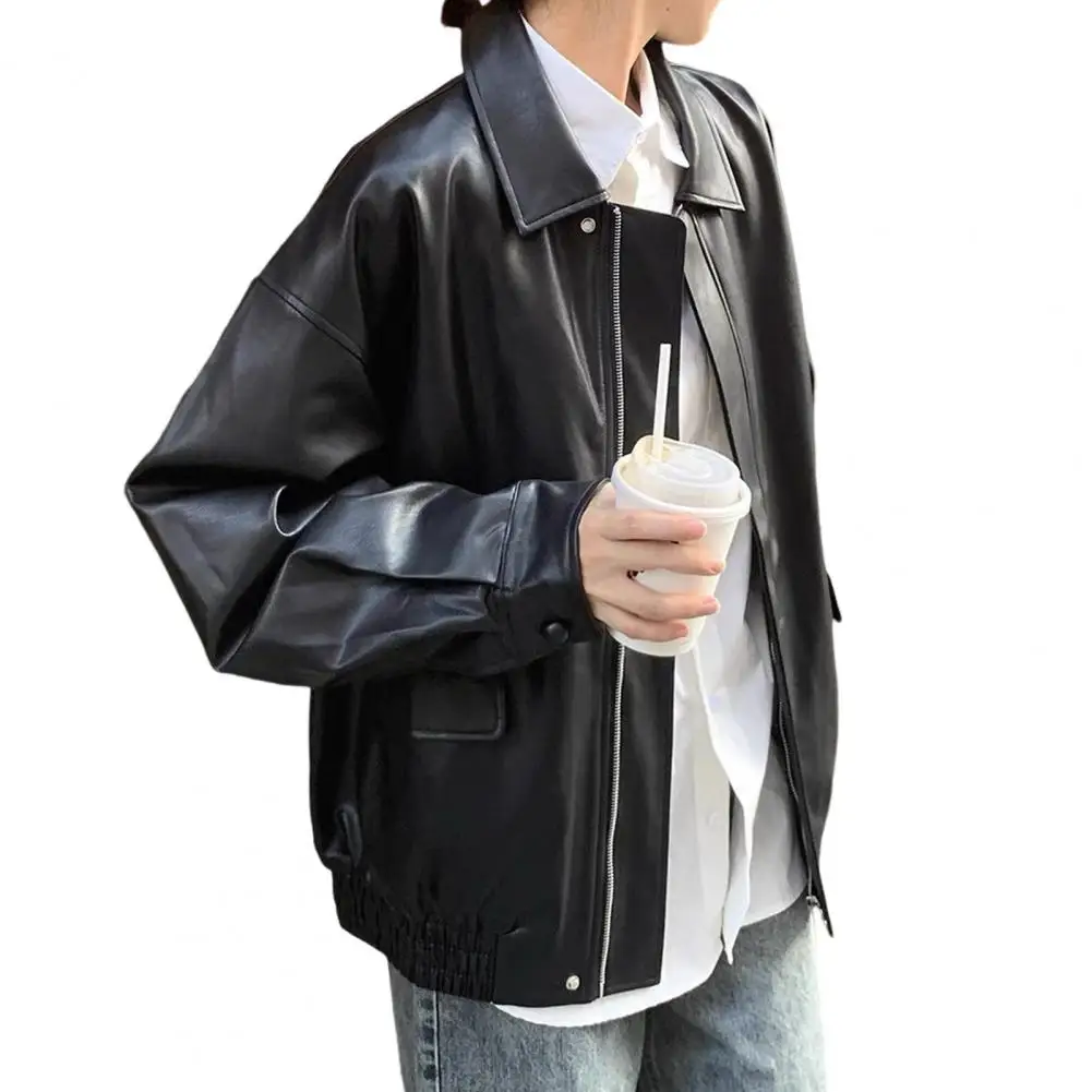 Women Jacket Faux Leather Turn-down Collar Zip-up Long Sleeves Elastic Hem Pockets Retro Motorcycle Coat