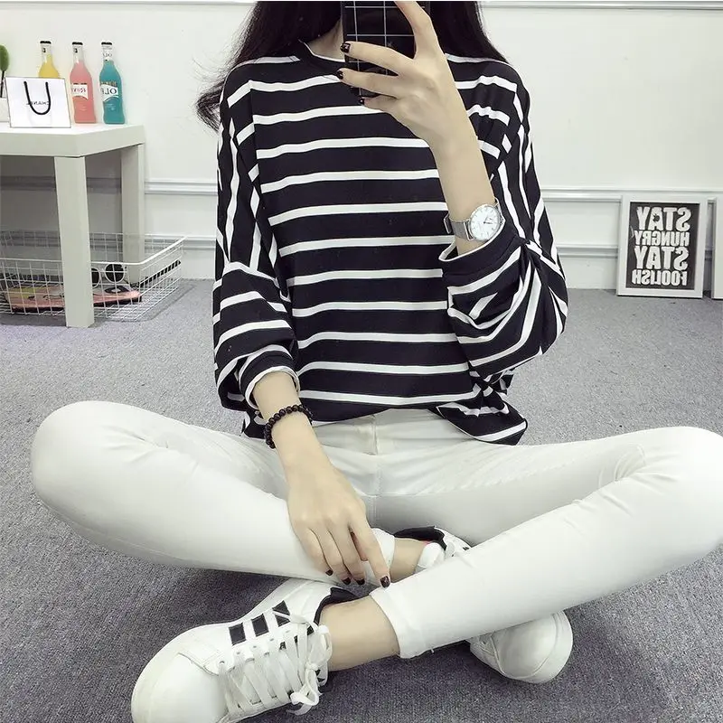 Street Casual Striped Loose T Shirts Spring New O-Neck Long Sleeve Plus Size Youth Office Tops Vintage Casual Women Clothing