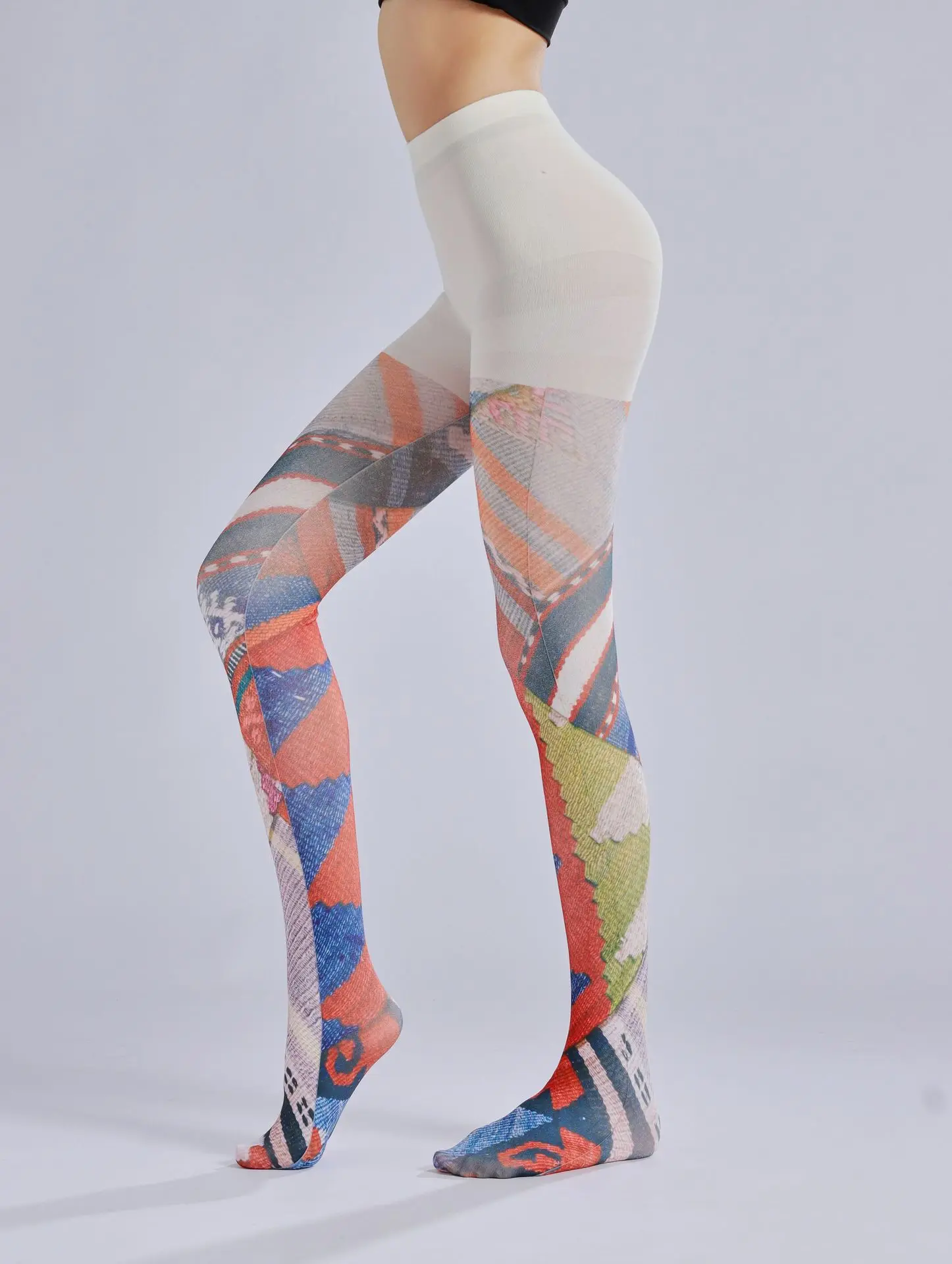 Abstract Color Block Printing Pantyhose Fashion Personalized Color Mix And Match Pantyhose Ethnic Style Pantyhose