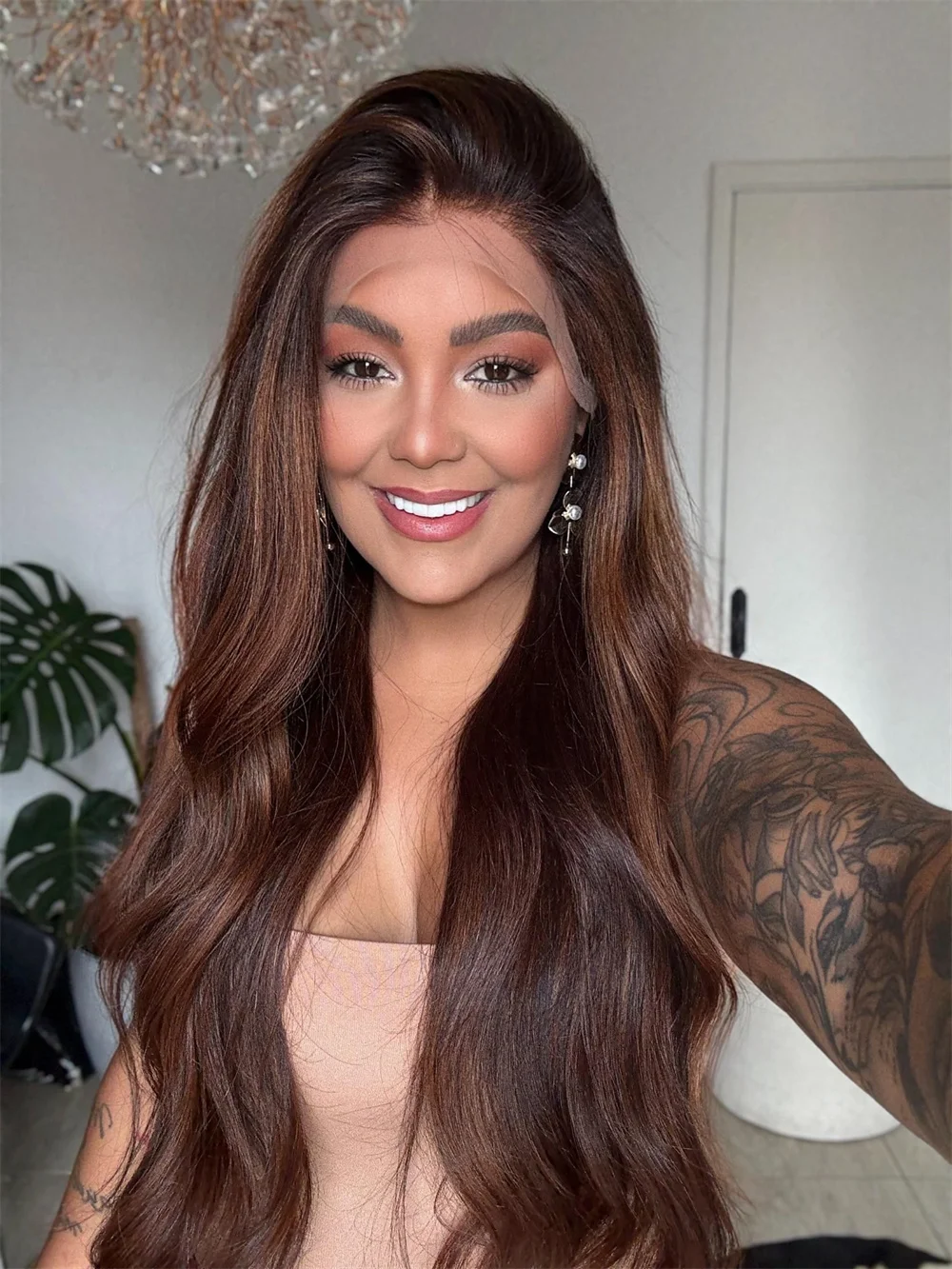 Luxury Women's Wig 28 Inch Natural Soft Red Brown Body Wave Wig Blonde Highlights Free Part Heat Safe Synthetic Lace Front Wig