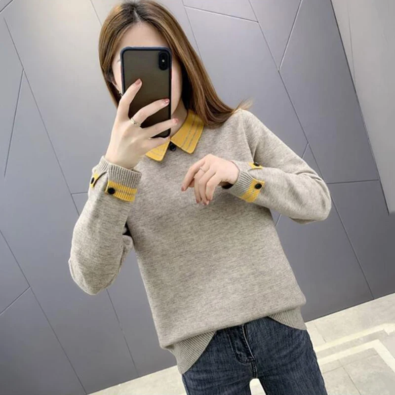 

2023New Autumn Winter Pullover Sweater Women All-Match Loose Long Sleeve Turndown Collar Bottoming Knitted Casual Sweater Female