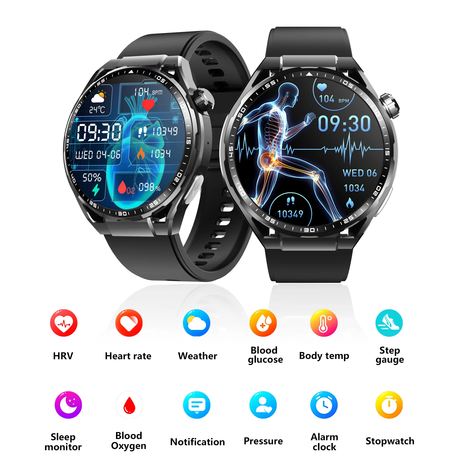 Smart Blood sugar watch 24h measurement of glucose, Blood pressure, Blood lipids, Uric acid, ECG, Wireless Bluetooth Smart APP