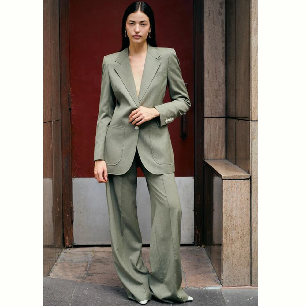 Luxury Green Suit for Women Single Breasted Notch Lapel 2 Piece Jacket Pants Female Clothing Slim Fit Office Lady Blazer Set