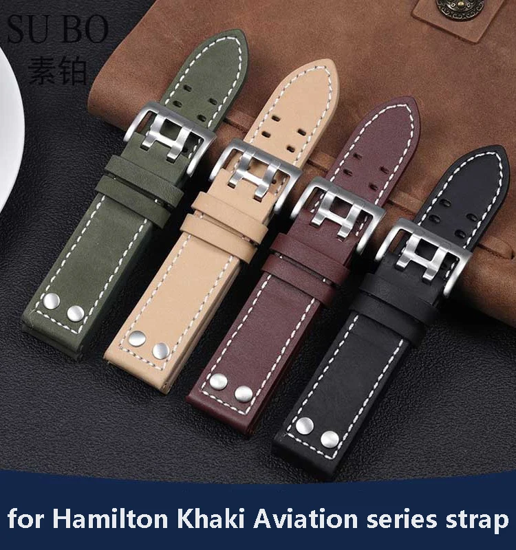 Genuine Leather Watch Strap Rivet Men Replacement Bracelet  for Hamilton Khaki Aviation H77755533 H77616533 Watchband 20mm 22mm