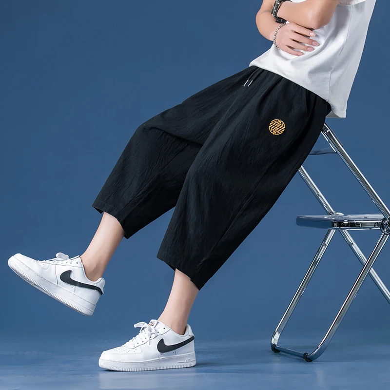 

Мужские льняные брюки-капри, летние тонкие свободные шорты, повседневные брюки из хлопка и льна, свободные прямые брюки для мальчиков, летний комплект