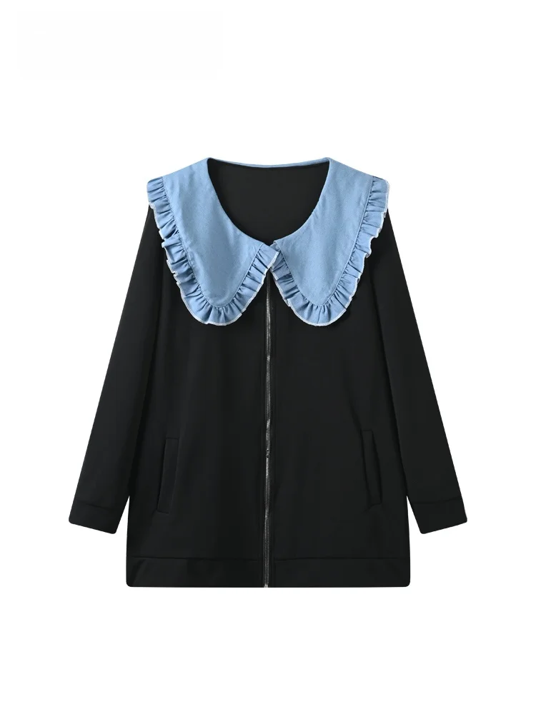 

Casual Oversized Doll Collar Long Sve Jaet Women's Autumn Winter New Sle plus Size Sister Splicing Loose Top