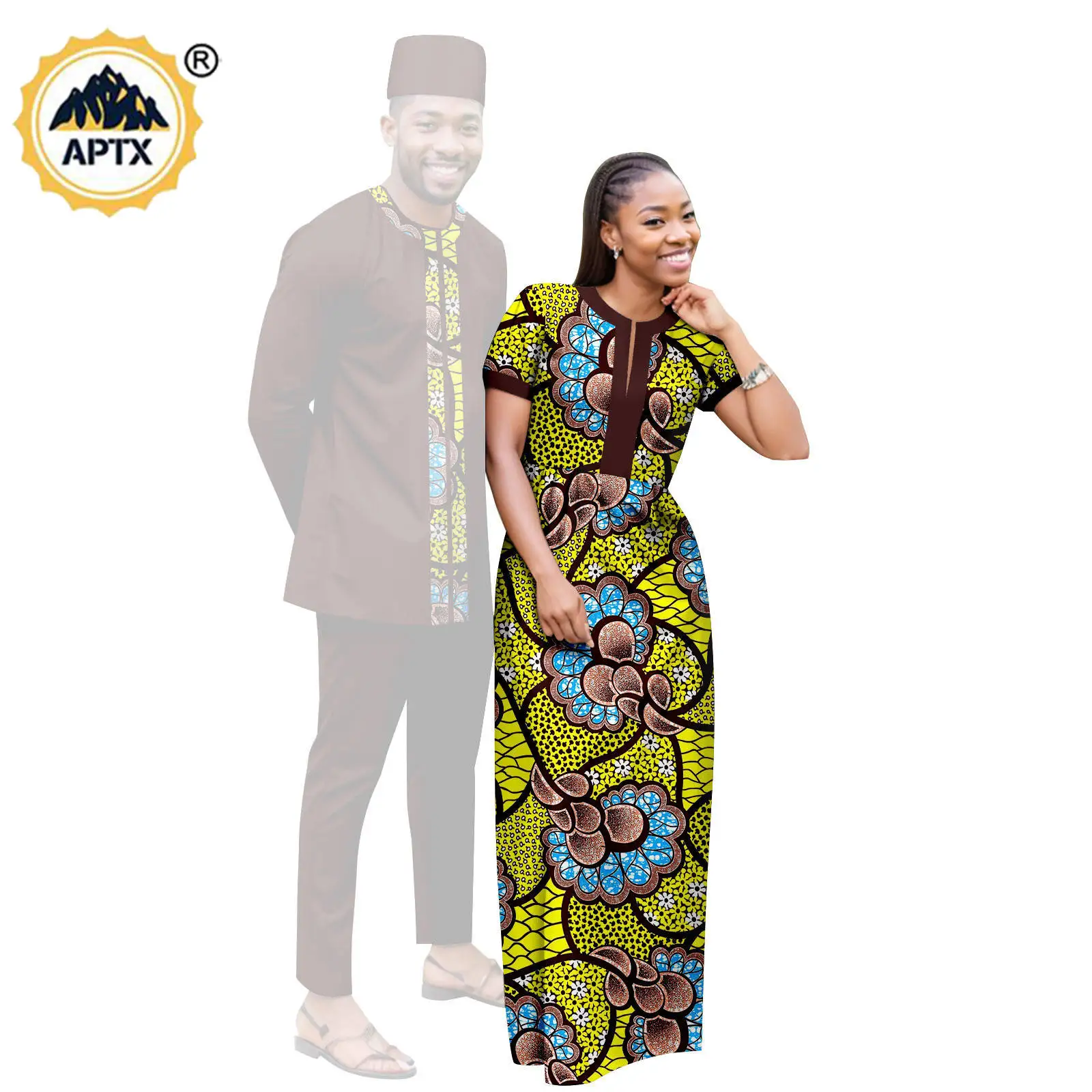 Dashiki African Clothes Print Long Dresses for Women Matching Couple Outfits Bazin Riche Men Hat Top Tee and Pant Sets Y23C119