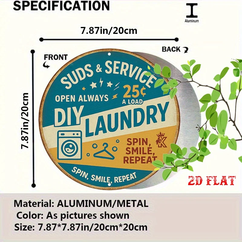 2D Flat, 1pc 1pcs Retro Round Aluminum Wall Sign Suitable for Home, Garage, Cafe, Laundry Room Decor - Rustic Metal Suds-Theme