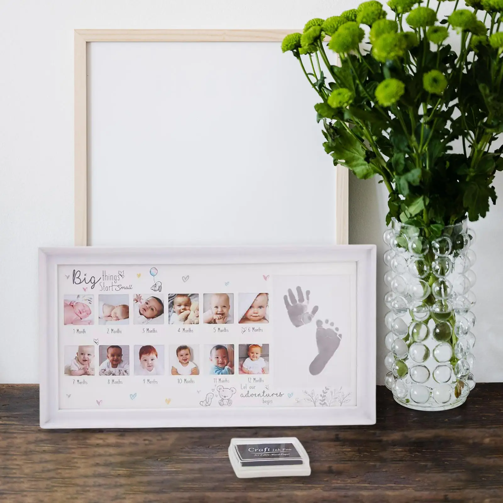 Baby Photo Frame Newborn DIY 0-12 Month Kids Gift My First Year Baby Shower Picture Frame with Ink Pad Footprint & Handprint