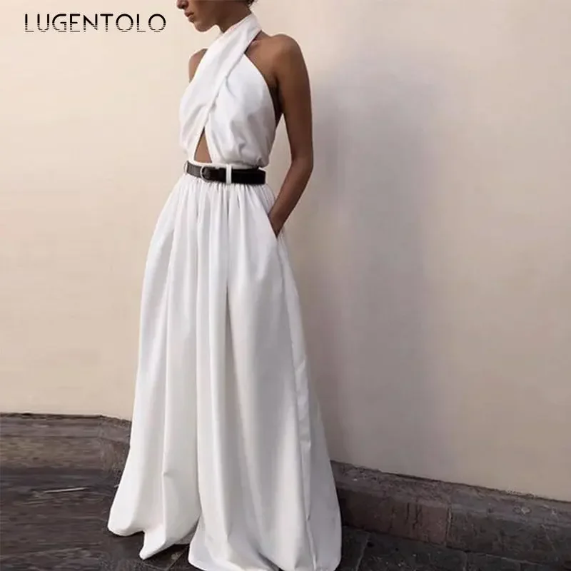 

Women Sexy Backless Jumpsuits Halte Sleeveless Slim High Waist Sping Summer Thin Lady Elegant Streetwear Long Wide-leg Pants