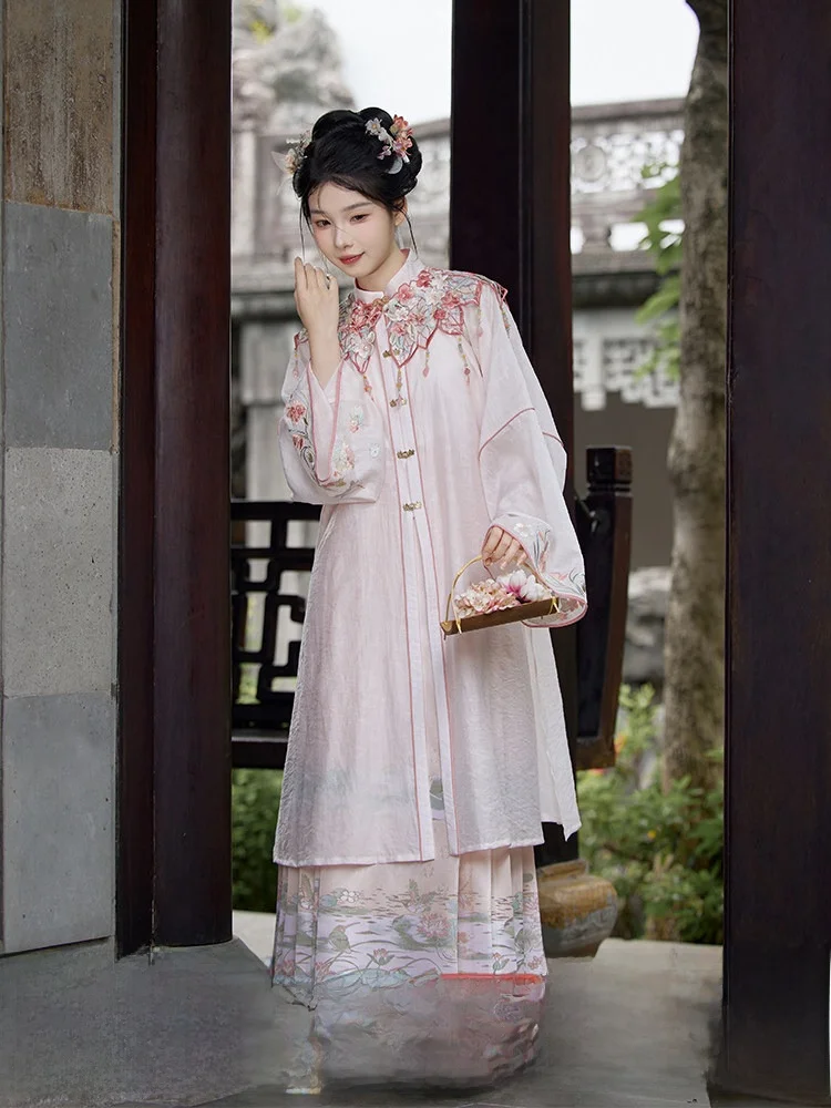 

July Evening Original Hanfu ex Summer New Sle Pink Button-Up Long irt with Tail Skirt National Sle Set for Women