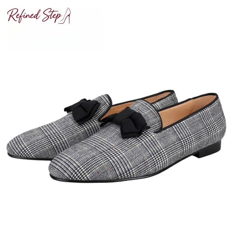 Gray Color Gingham Printing Smoking Slippers For Party/Prom Handmade Black Bow Tie Slip-On Loafers Men's Casual Shoes