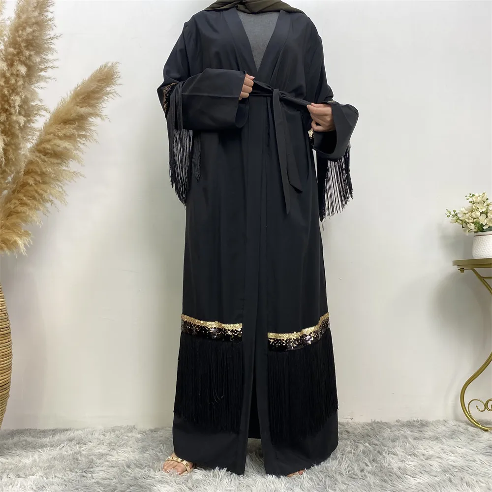 

Muslim Women Open Abaya Sequin Dress Tassel Kimono Cardigan Eid Ramadan Islamic Jalabiya Robe Gown Kaftan Longue Femme Musulmane