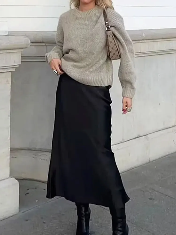 Tinsonan Elastic Waist Satin High Waist Slim Fitting Skirt Casual French Style A Line Solid Simply Midi Skirts