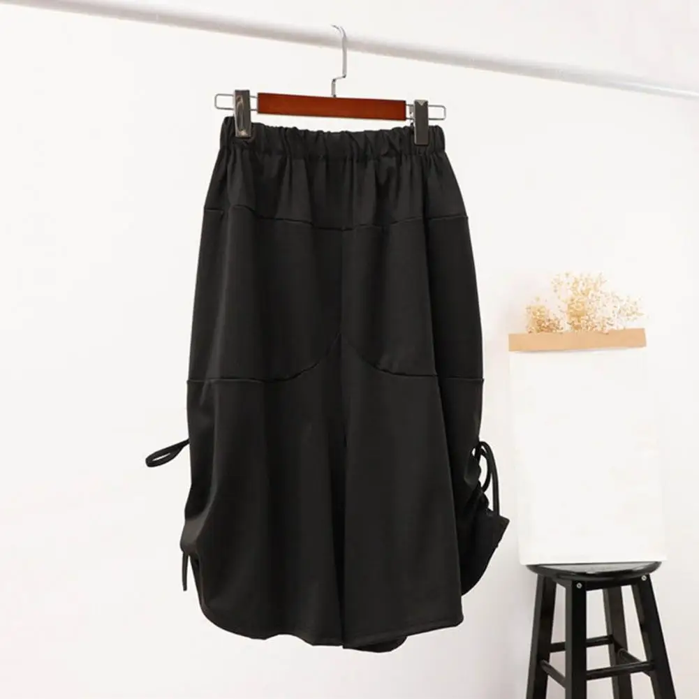 Women Cropped Pants Summer Cotton Linen Elastic Waist Pocket Womenswear Ruffle Ladies Wide Legs Loose Trousers Pantskirt