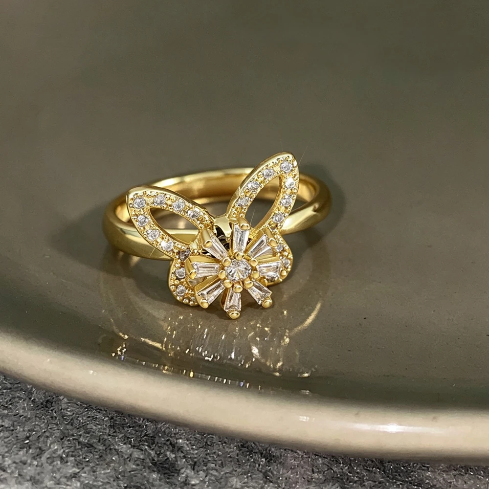 ZAKOL Versatile Rotatable Cubic Zirconia Butterfly Spinner Rings for Women Girls Golden Delicate Engagement Wedding Jewelry