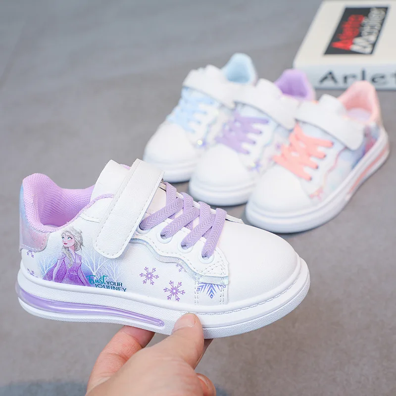 Disney Girls White PU Leather Shoes Cartoon Princess Elsa Frozen Sneakers scarpe sportive impermeabili per bambini taglia 26-37