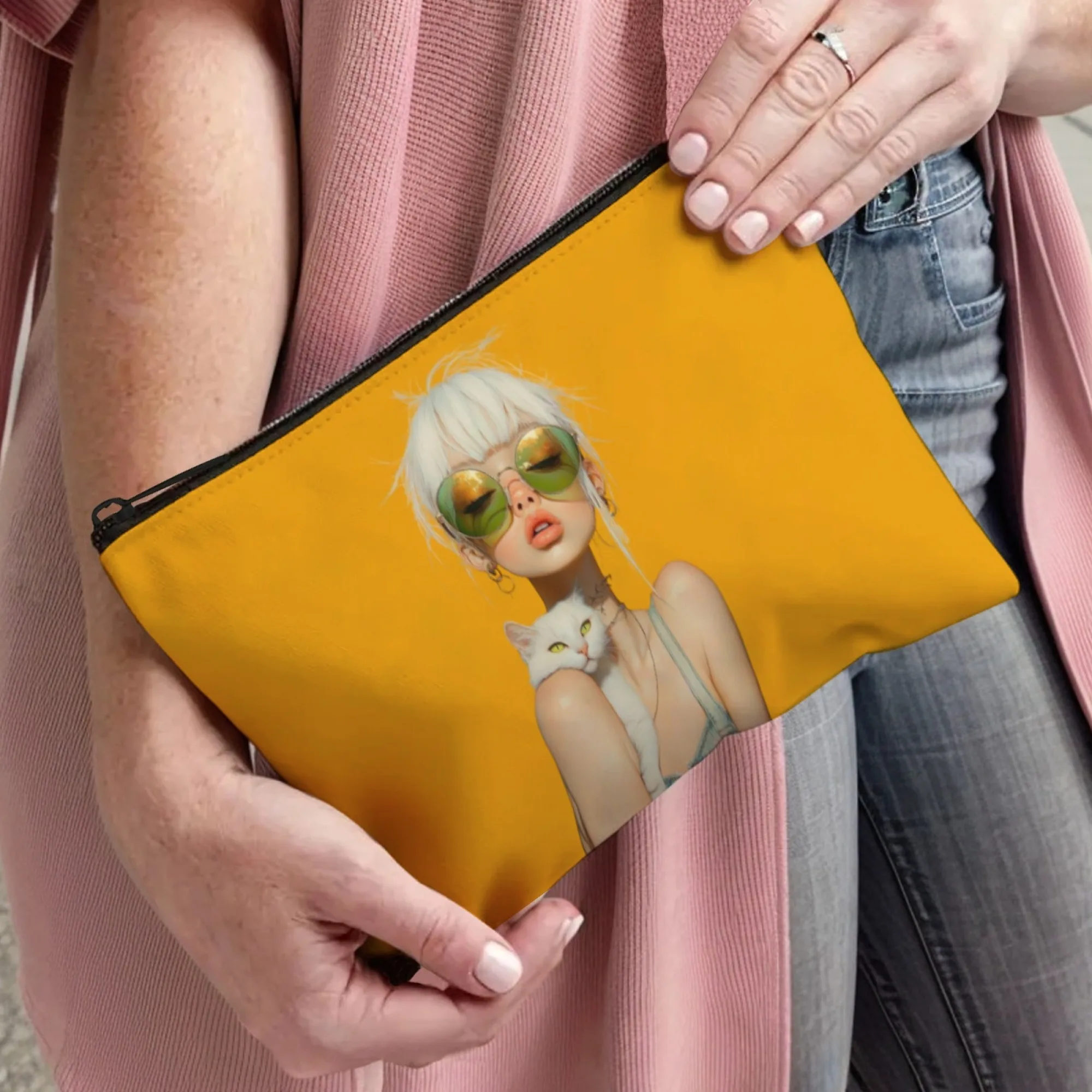 حقيبة مكياج أنيقة بسحاب على شكل قطة بيضاء، حقيبة مستحضرات تجميل محمولة مع مرآة وحقيبة أدوات الزينة للسفر المتينة #4