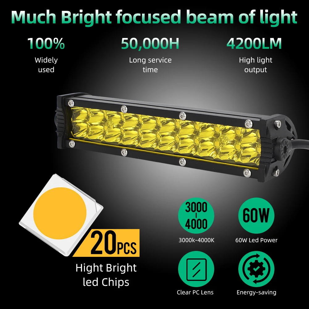 1 Pc Universal 60W LED Motorcycle Headlight Light Bar Upgrade Kit 6000K-6500K Yellow Waterproofing Signal Lamp