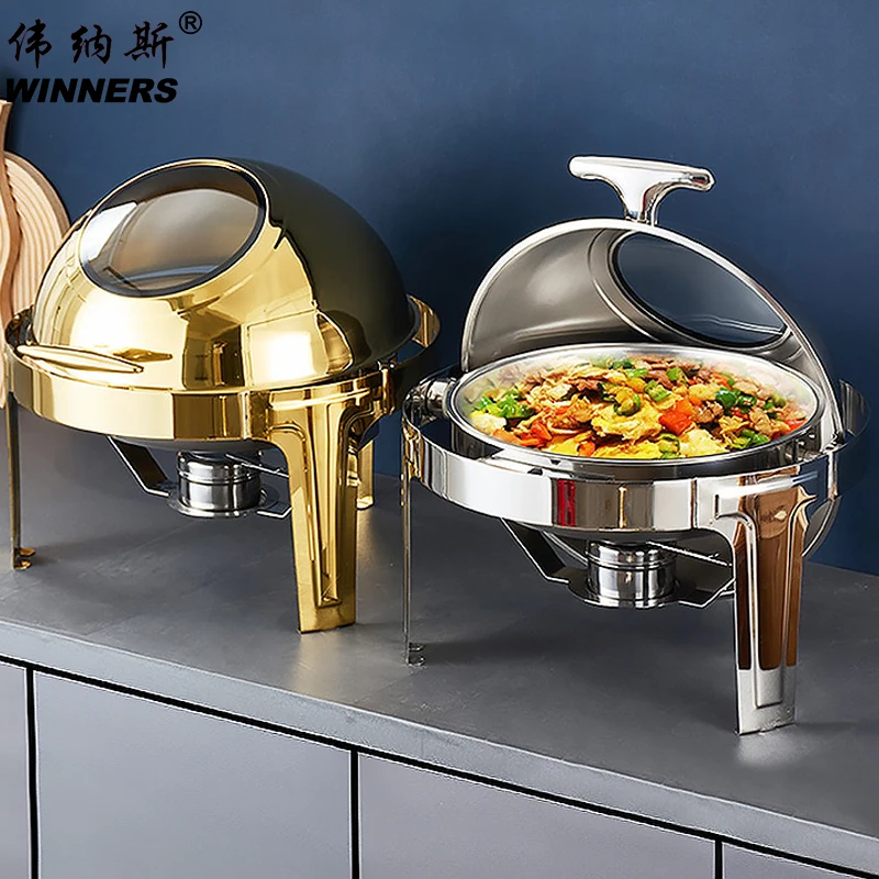 Round Golden Visual Chafing Dishes Roll Top Glass Lid Stainless Steel Buffet Food Warmer Chafer with Fuel Box for Hotel