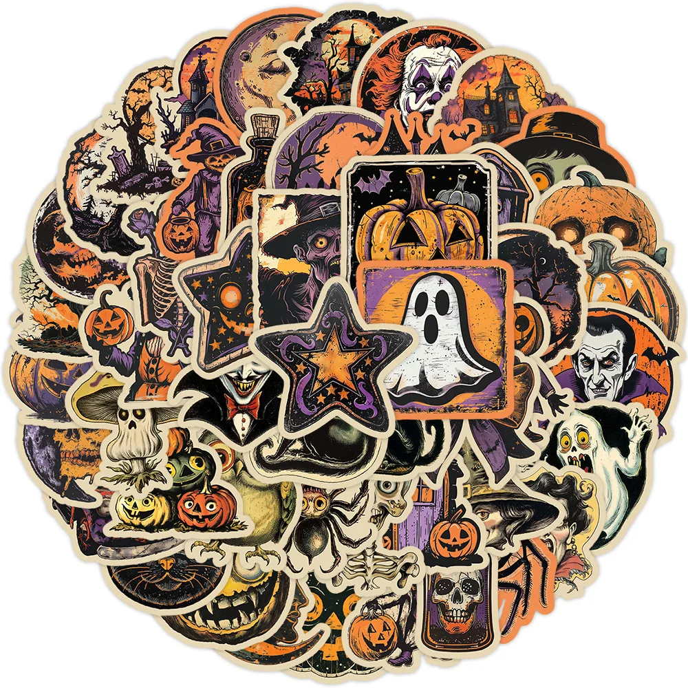 Autocollants Graffiti rétro Halloween, 50/100 pièces, décoration créative, ordinateur, Skateboard, tasse d'eau, dessin animé étanche, jouets pour enfants