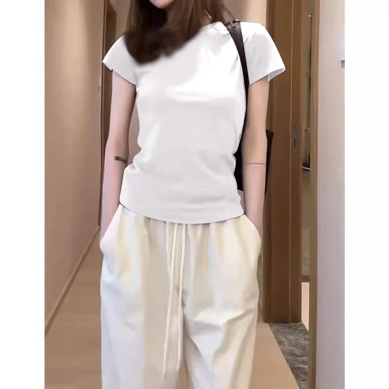 Pure Cotton Short Sleeve T-Shirt Slim Fit Straight Shoulder Design Summer Cool Style Women's Fashion Casual round Neck Top