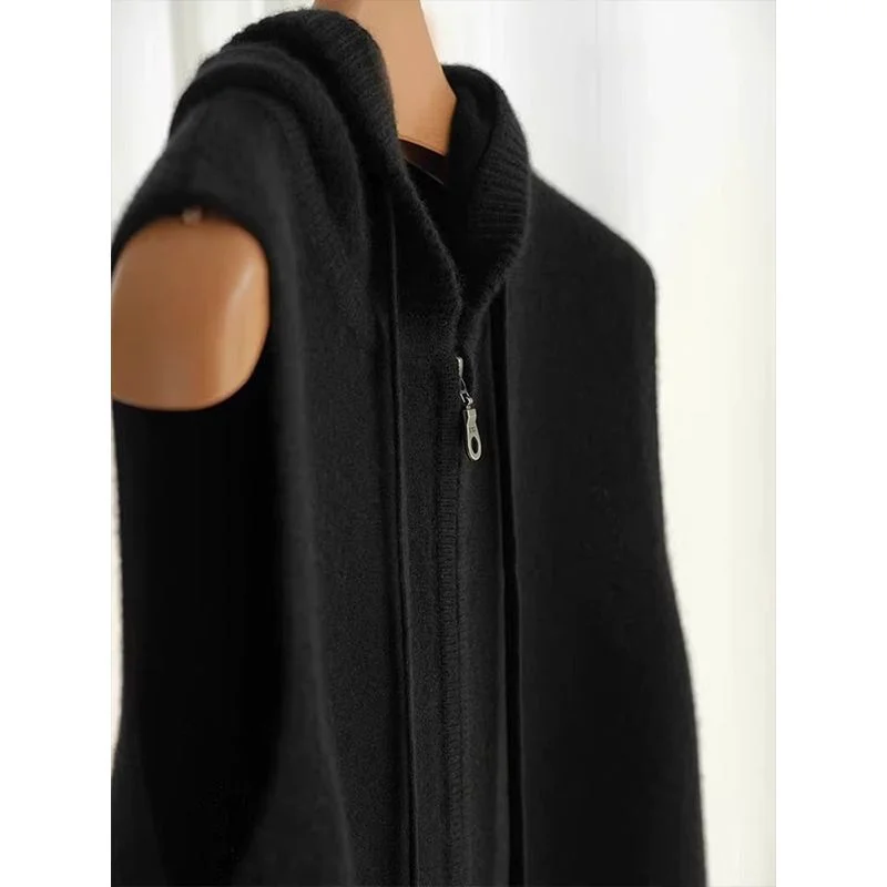 

Retro High-quality Japanese Knitted Vest Sleeveless Hooded Zipper Cardigan for Women