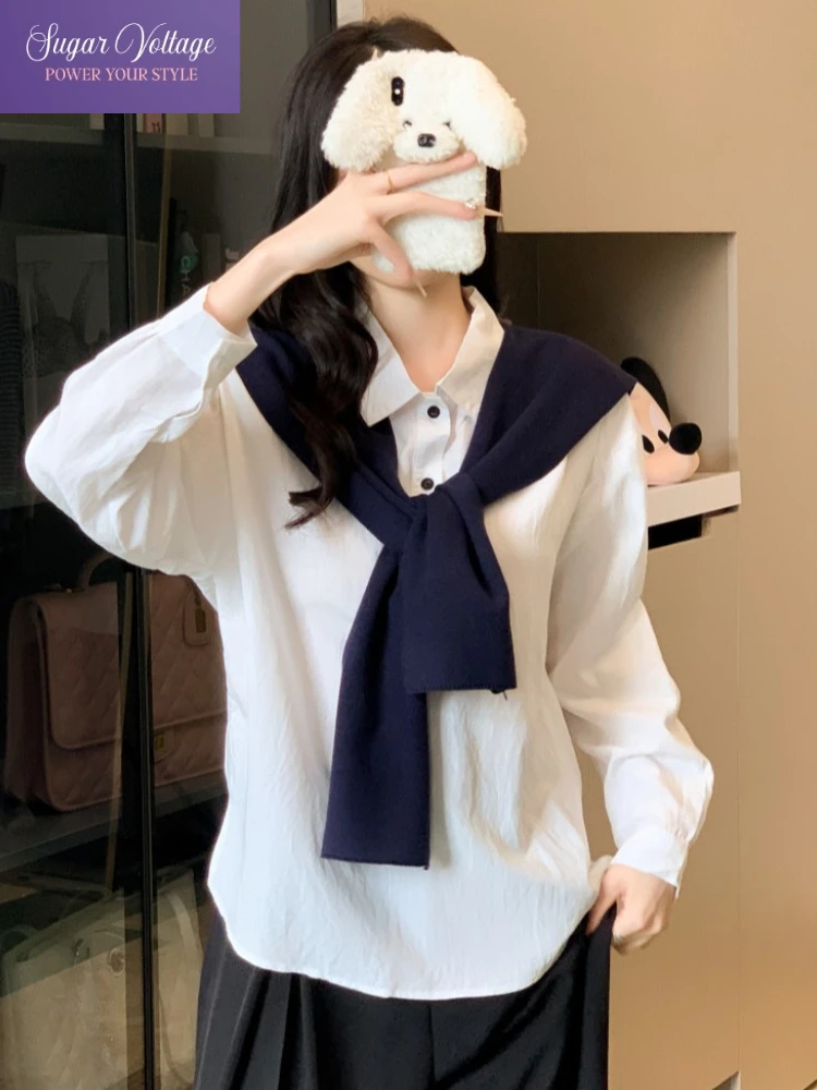 French Vintage Chic Casual Two Piece Set Tops Women Slim Fit Polo Collar Button Shirts + Shawl Elegant Autumn Fashion Outfits