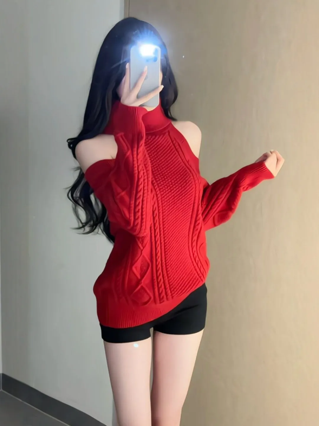 

Stylish Red High Collar Shoulder Bared Long Sleeve Sweater Korean Loose Fit Spring Fashionable Top for Small Stature Women