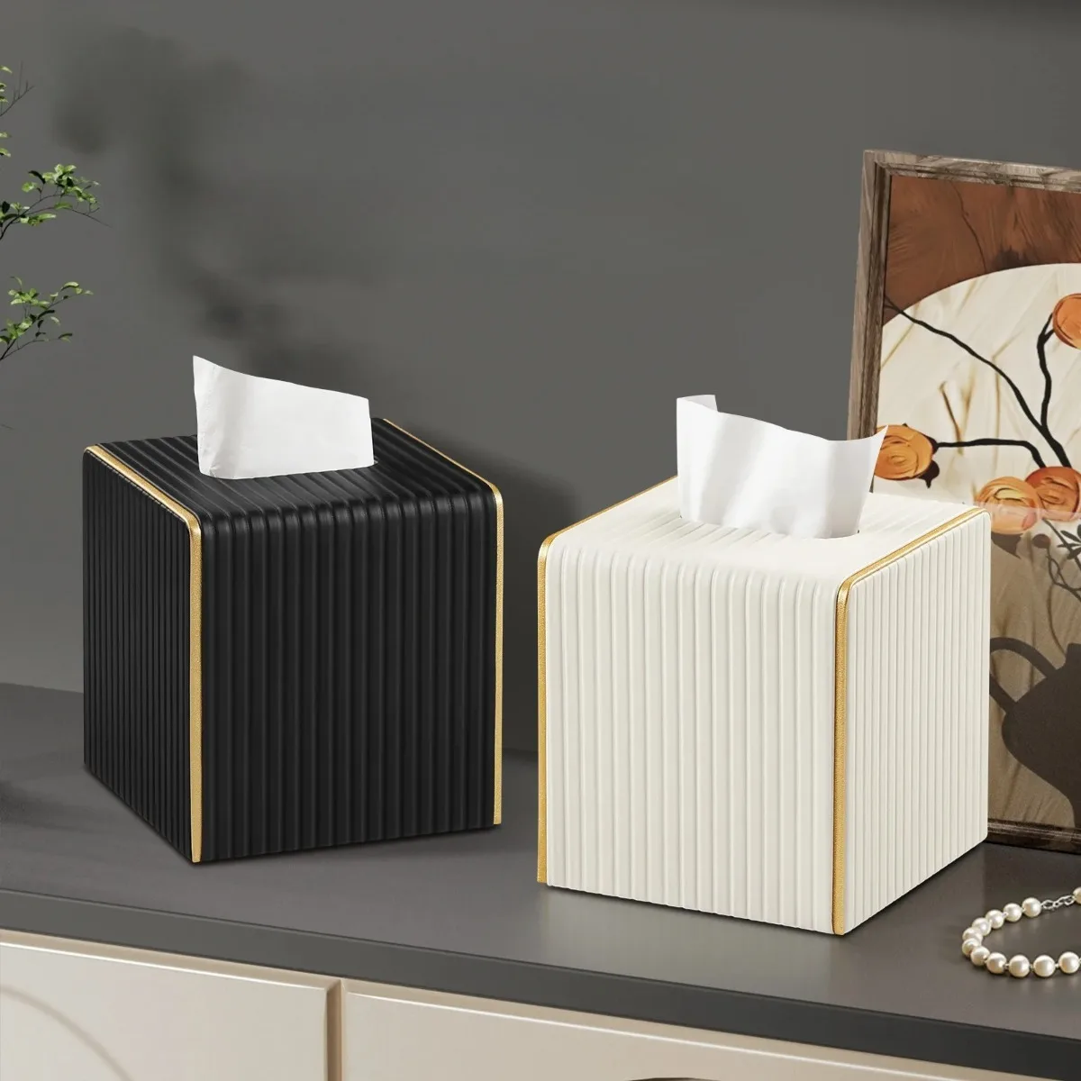 

Tissue Box Cover Leather Square Napkin Holder Decorative Tissue Case Modern Home Decor Organizer for Bathroom Office Desk