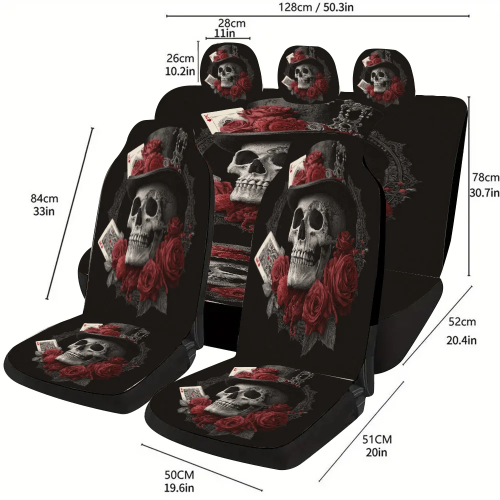 Skull With Top Hat And Red Rose Poker Card Romantic Dark Style Car Seat Cover Set | Fits Most Cars, Fashionable And Unique Decor