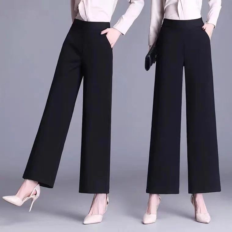 

Женские брюки с высокой талией, прямые, струящиеся, свободные, повседневные, укороченные (7/8), визуально стройнящие, универсальные, профессиональные, широкие, весна-осень, новинка