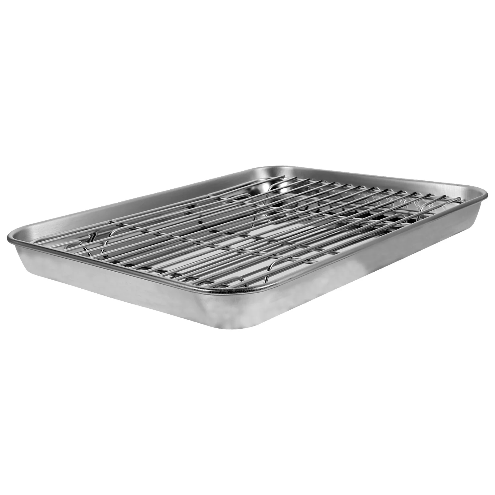 

2 Pieces/Set Rectangular Baking Tray Stainless Steel Baking Pan Sheet with Removable Cooling Rack - 26x20x25cm