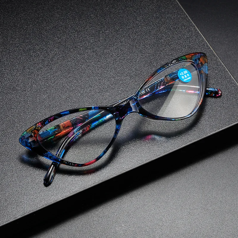 Lesebrille Frauen gedruckt Presbyopie Brille Mode amüsante Katzenauge Hyperopie Brille blaue Brille