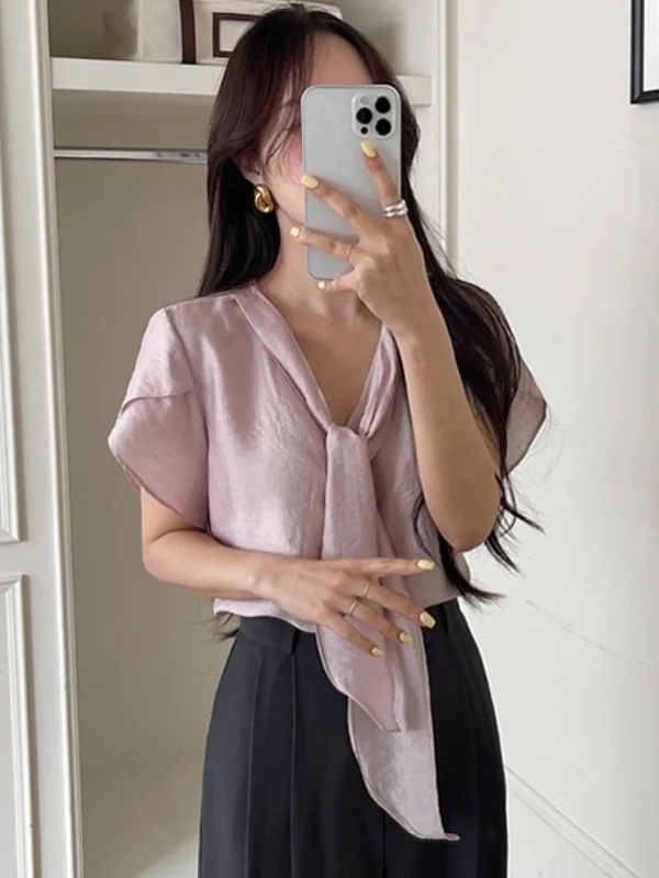 Csa E de Manga Corta con Cuello en V y Lazo para Mujer, Estilo Veraniego, Sensación de Madurez, Top Ultra Hermoso, ...