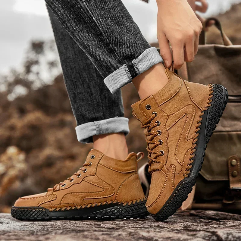 Outdoor Hiking Shoes for Men Autumn Winter Ankle Men Boots Plush Keep Warm Non-slip Hight Top Casual Sneakers Platform Boots