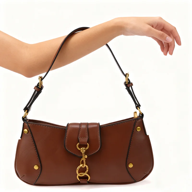 Vielseitige Designer-Handtasche mit Karabinerhaken, Damen-Umhängetasche mit Schlüsselschloss-Schnalle, Motorrad-Einkaufstasche im Biker-Stil, Braun, Reißverschluss – Detail 7