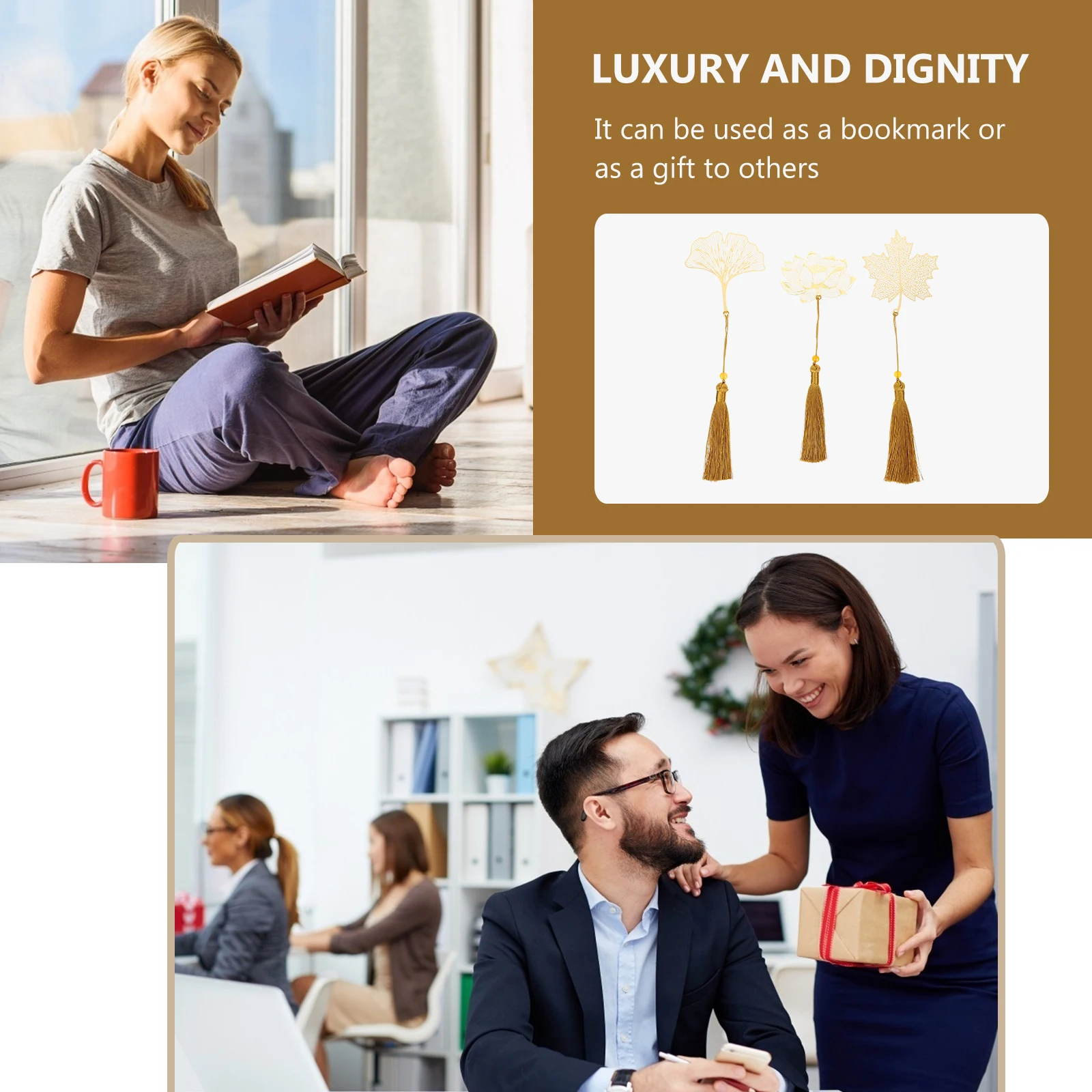 

3pcs Leaf Shaped Metal Bookmark Brass Decor For Students Readers Golden Elegant Page Marker Hollow Design Tassel Book