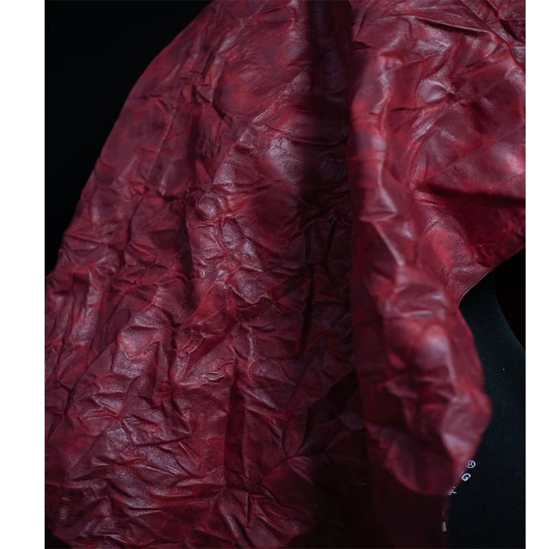 Deep Red Special Leather Pleated and Pleated Twisted and Kneaded with Gradient Texture Creative European and American Fabrics