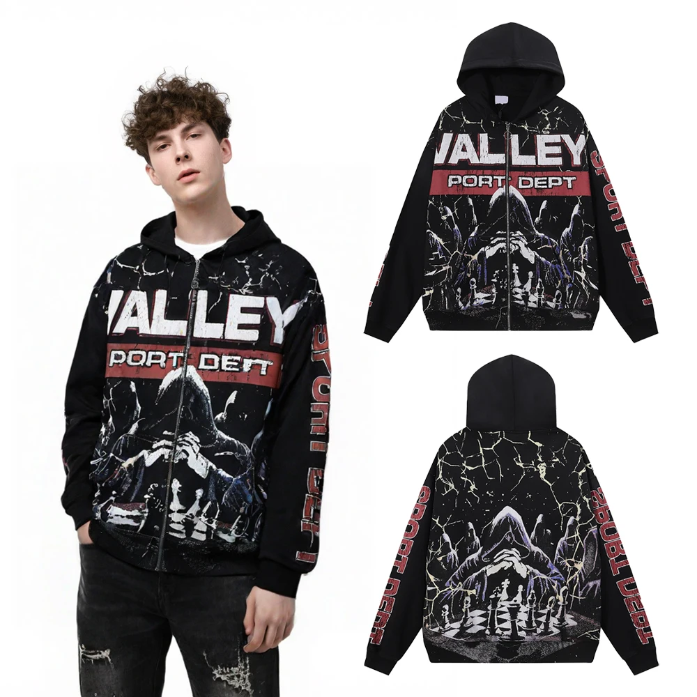 

Streetwear Clothing Distressed Digital Print Y2k Graphic Zipper Hoodies Hiphop Street Style Heavy Cotton Casual Sweatshirts Mens