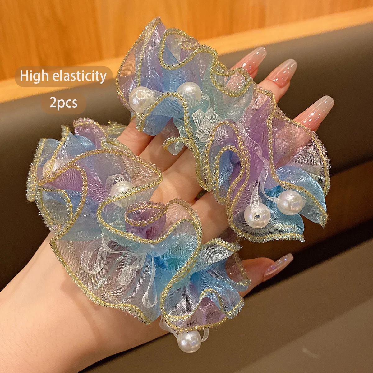 2 mesh large intestine hair rings Korean version sweet wind rubber band hair accessories view 4