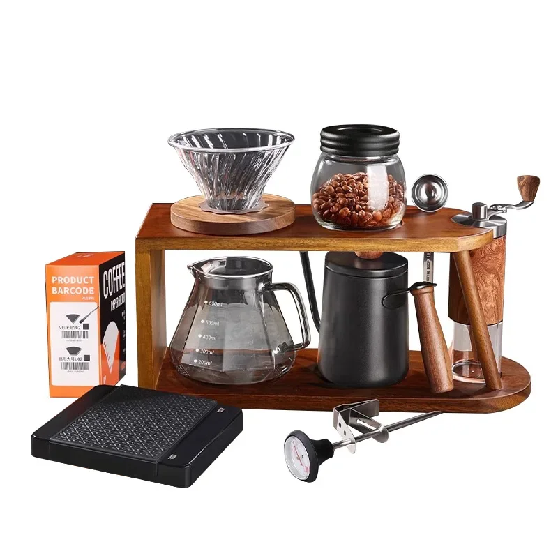 

Hand brewing coffee set, walnut bracket, hand grinding coffee utensils, hand brewing pot, bean grinder set.