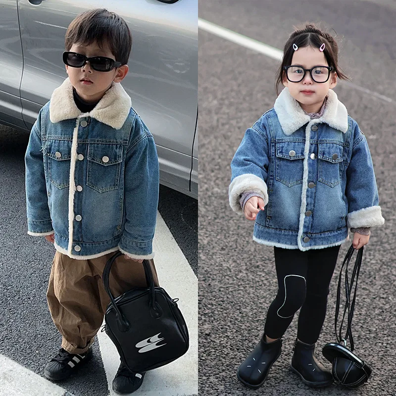 2024 Jacket For Girls Boys Autumn Winter Plus Cashmere Thicken Jeans Coat Children Clothes Warm Fashion Baby Denim Jackets 2-10Y